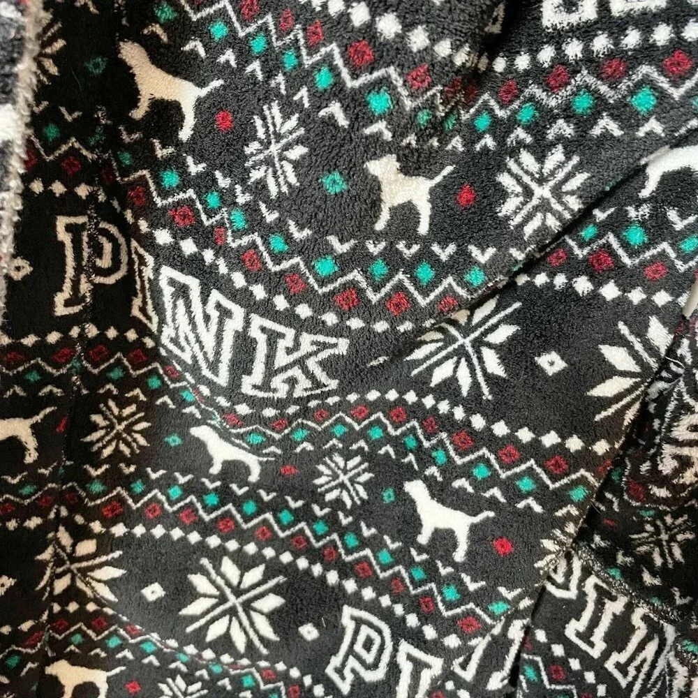 Victoria's Secret PINK Reversible Robe Black XS Hooded Plush Fair Isle‎ Fleece